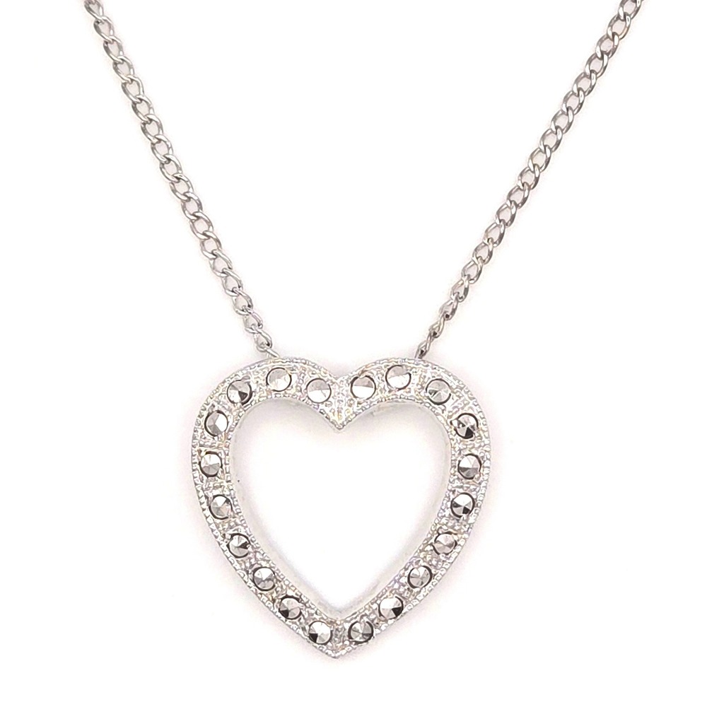 Vintage Sterling Silver Marcasite Open Heart Pendant Necklace 90s Signed HEDA 4g